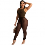 Coffee Sleeveless Halter Romper Mesh Bodycon Sexy Jumpsuit