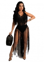 Black Sleeveless Halter V-Neck Tassels Net Women Party Dress