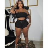 Black Off-Shoulder Cotton Low-Cut Sexy Women Party Short Sets