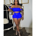 Blue Off-Shoulder Cotton Low-Cut Sexy Women Party Short Sets