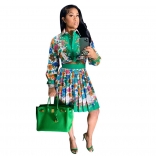 Green White Long Sleeve Printed V-Neck Fashion Sexy Skirt Dress