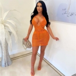 Orange Sleeveless Deep V-Neck Nets Hollow-out Bandage Mini Dress