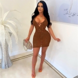 Brown Sleeveless Deep V-Neck Nets Hollow-out Bandage Mini Dress