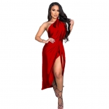 Red Sleeveless Halter Fashion Women Maxi Dress