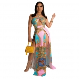 Pink Sleeveless Printed Backless Slit Women Fashion Jersey Dress