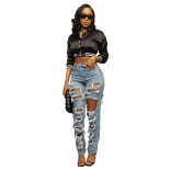 Blue Hollow-out Hole Sexy Women Jeans Leggings