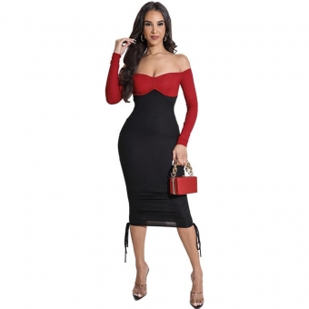 Red Long Sleeve Low-Cut Pleated Bodycon Womem Midi Dress
