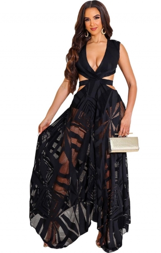 Black Sleeveless Low-Cut V-Neck Mesh Fashion Maxi Evening Dress