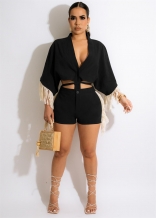 Black Long Sleeve Tassels Women V-Neck Fashion Short Sets