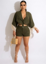 Green Long Sleeve Tassels Women V-Neck Fashion Short Sets