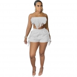 Grey Off-Shoulder Boat-Neck Tassels Women Sexy Short Sets