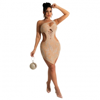 Beige Sleeveless Halter V-Neck Mesh Rhinestone Bodycon Mini Dress