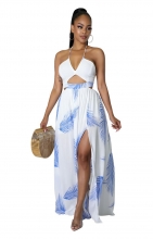 White Sleeveless Halter Low-Cut Printed Fashion Women Maxi Dress