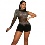 Black One Sleeveless Mesh Rhinestone Back Zipper Sexy Rompers