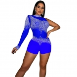 Blue One Sleeveless Mesh Rhinestone Back Zipper Sexy Rompers