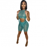 Green Sleeveless O-Neck Mesh Bandage Sexy Short Sets