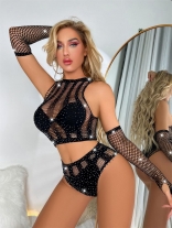 Black Lace Long Sleeve Diamond Sexy Lingerie