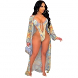 Blue Long Sleeve Printed Sexy Women Beach Wear Dress