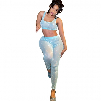Blue Sleeveless Halter Mesh Printed Bodycon Sexy Jumpsuit