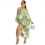 Green Off-Shoulder V-Neck Printed Women Fashion Sexy Skirt Dress