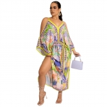 Yellow Off-Shoulder V-Neck Printed Women Fashion Sexy Skirt Dress