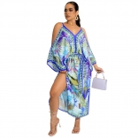 Blue Off-Shoulder V-Neck Printed Women Fashion Sexy Skirt Dress