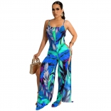 Blue Sleeveless Halter Printed Low-Cut Slit Women Jumpsuit