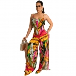 Red  Sleeveless Halter Printed Low-Cut Slit Women Jumpsuit