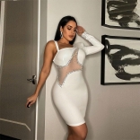 White One-Sleeve Mesh Hollow-out Rhinstone Bodycon Mini Dress