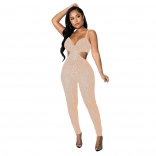 Beige Halter V-Neck Sleeveless Mesh Rhinestone Bodycon Sexy Jumpsuit