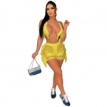 Yellow Sleeveless Low-Cut Deep V-Neck Nets Tassels Short Sets