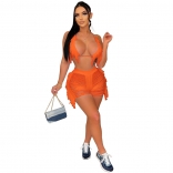 Orange Sleeveless Low-Cut Deep V-Neck Nets Tassels Short Sets