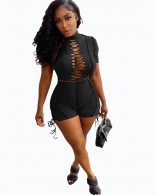 Black Short Sleeve Bandage Deep V-Neck Women Sexy Pant Sets