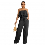 Black Off-Shoulder Foral Boat-Neck Tassels Women Jumpsuit