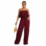 Red Off-Shoulder Foral Boat-Neck Tassels Women Jumpsuit