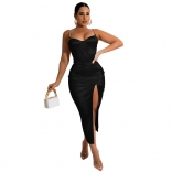 Black Halter Low-Cut Sleeveless Bodycon Slit Sexy Midi Dress