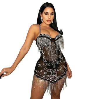 Black Tassels Halter Low-Cut Mesh Rhinestone Sexy Mini Dress