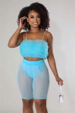 Blue Wavy Ruffle Halter Boat-Neck Mesh Women Short Sets