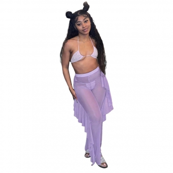 Purple Rhinestone Sexy Underwear Set With Mesh Foral Women Clubwear