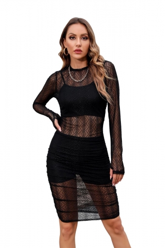 Black 2 Mesh Long Sleeve 3PCS Women Sexy Midi Dress Sets