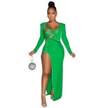 Green Rhinestone Long Sleeve Lace 2PCS Zipper Evening Long Dress