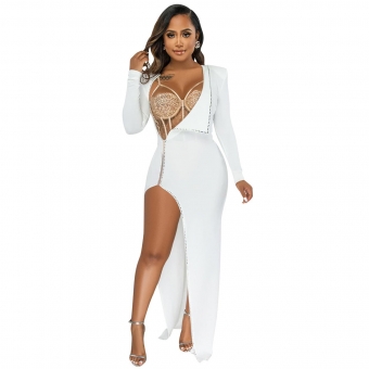 White Rhinestone Long Sleeve Lace 2PCS Zipper Evening Long Dress