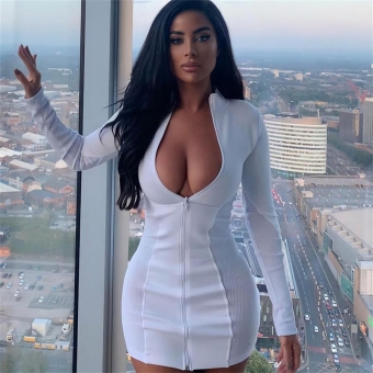 White Deep V-Neck Zipper Long Sleeve Bodycon Mini Dress