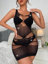 Black Sleeveless Diamond Lace Women Bobydoll Lingerie