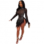 Black O-Neck Mesh Long Sleeve Rhinestone Bodycon Mini Dress