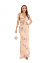 Golden Tassels V-Neck Sequin Women Fashion Long Dress