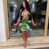 Green Sleeveless Halter Printed Tassels Bandage Sexy Women Mini Dress