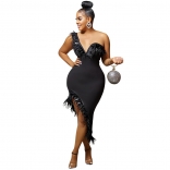 Black Deep V-Neck Low-Cut Feather Bodycon Fashion Midi Dress