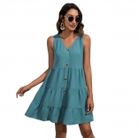 Green Sleeveless Button Fashion Summer Women Jersey Dress