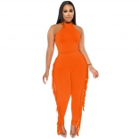 Orange Sleeveless Tassels Bodycon Halter Romper Sexy Jumpsuit